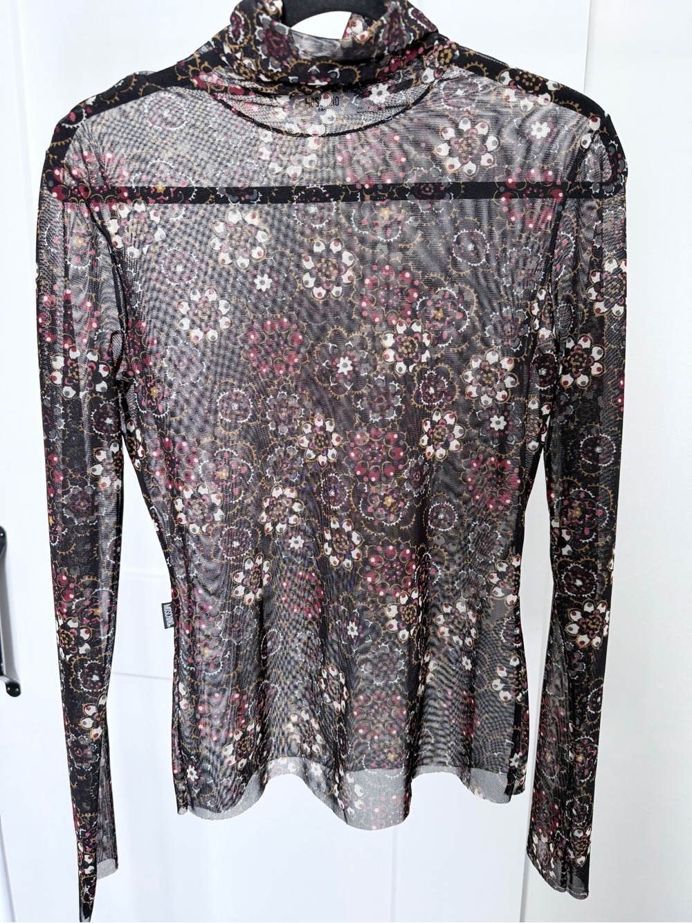 Moschino Sheer Floral Mock Neck Long Sleeve Top in Black and Pink